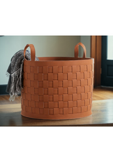 Handmade Woven Leather FireLog Basket, Round Woven Leather Storage Basket, Wood Storage Woven Leather Basket with Handles